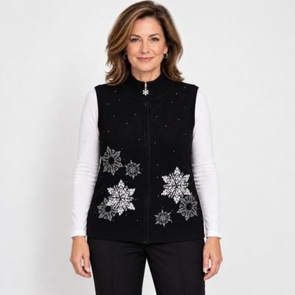 Christopher & Banks Christmas Zipper Cardigan Vest Women Small Black Snowflakes